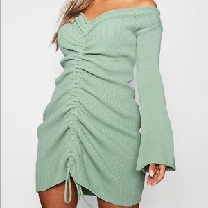 BOOHOO Plus Ruched Bardot Knitted Bodycon Dress